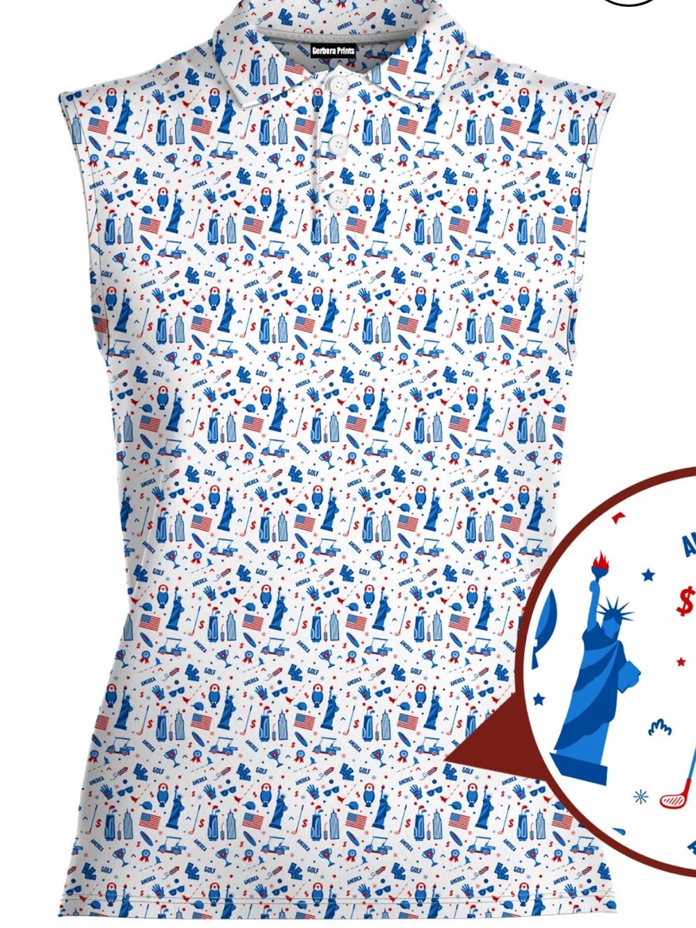 Gerbera Prints Sleeveless Golf Polo - White with Red & Blue Statue of Liberty